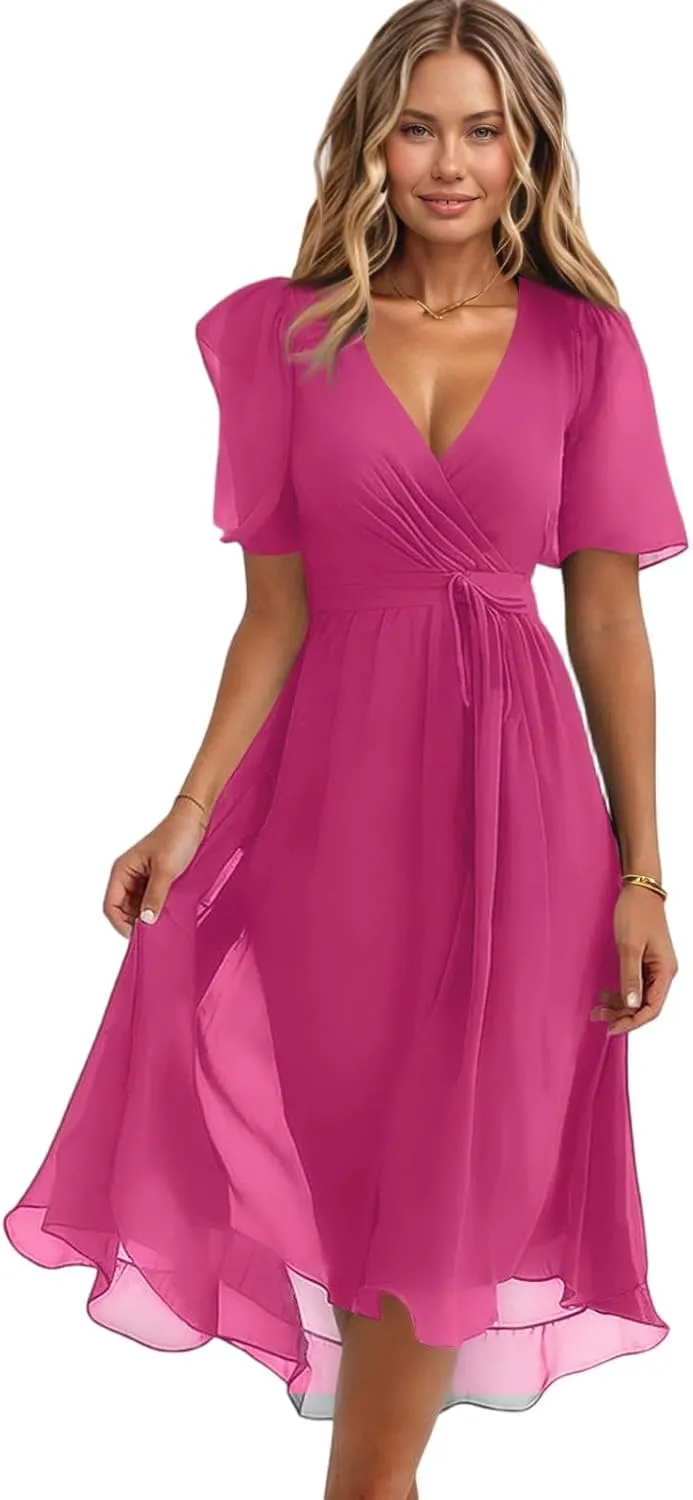 Summer Floral Chiffon Dresses for Women 2025 Midi Trendy Flowy Swing Tie Elastic Waist Short Sleeve V Neck A Line Dress