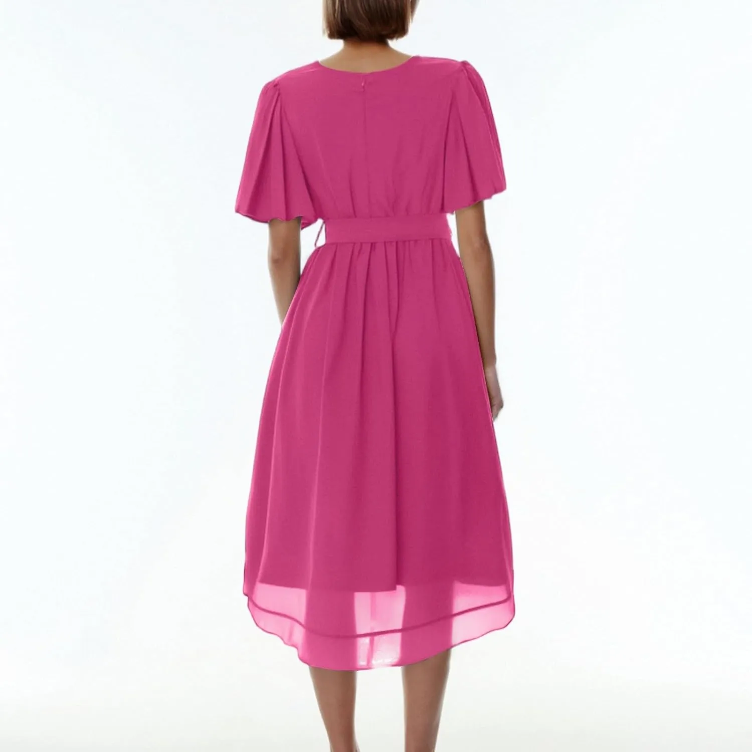 Summer Floral Chiffon Dresses for Women 2025 Midi Trendy Flowy Swing Tie Elastic Waist Short Sleeve V Neck A Line Dress