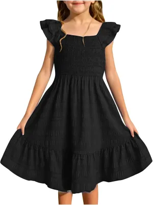 Summer Girl's Dresses Solid Square Neck Sleeveless Mini Dress Ruffle Waisted Fashion Loose Dress for Kids 3-13 Years