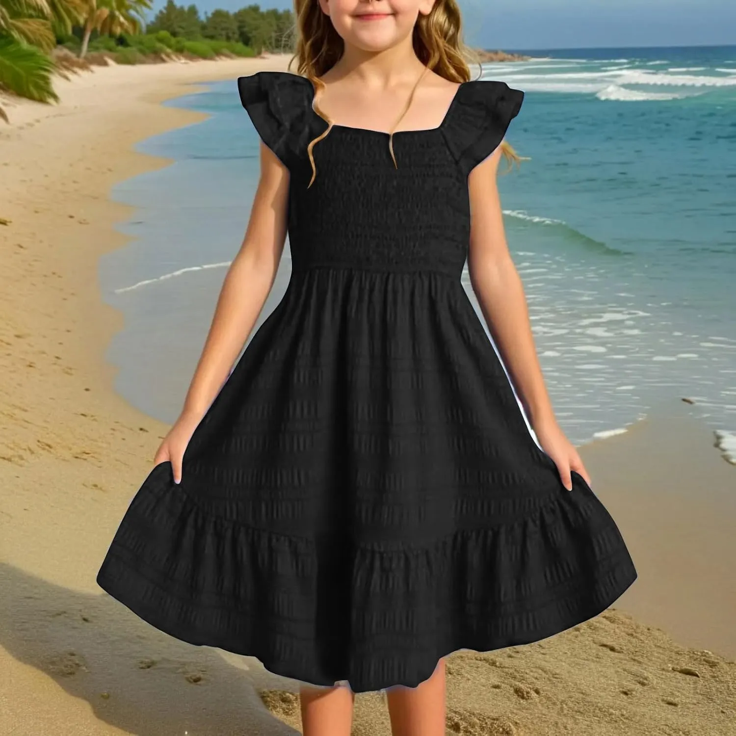 Summer Girl's Dresses Solid Square Neck Sleeveless Mini Dress Ruffle Waisted Fashion Loose Dress for Kids 3-13 Years