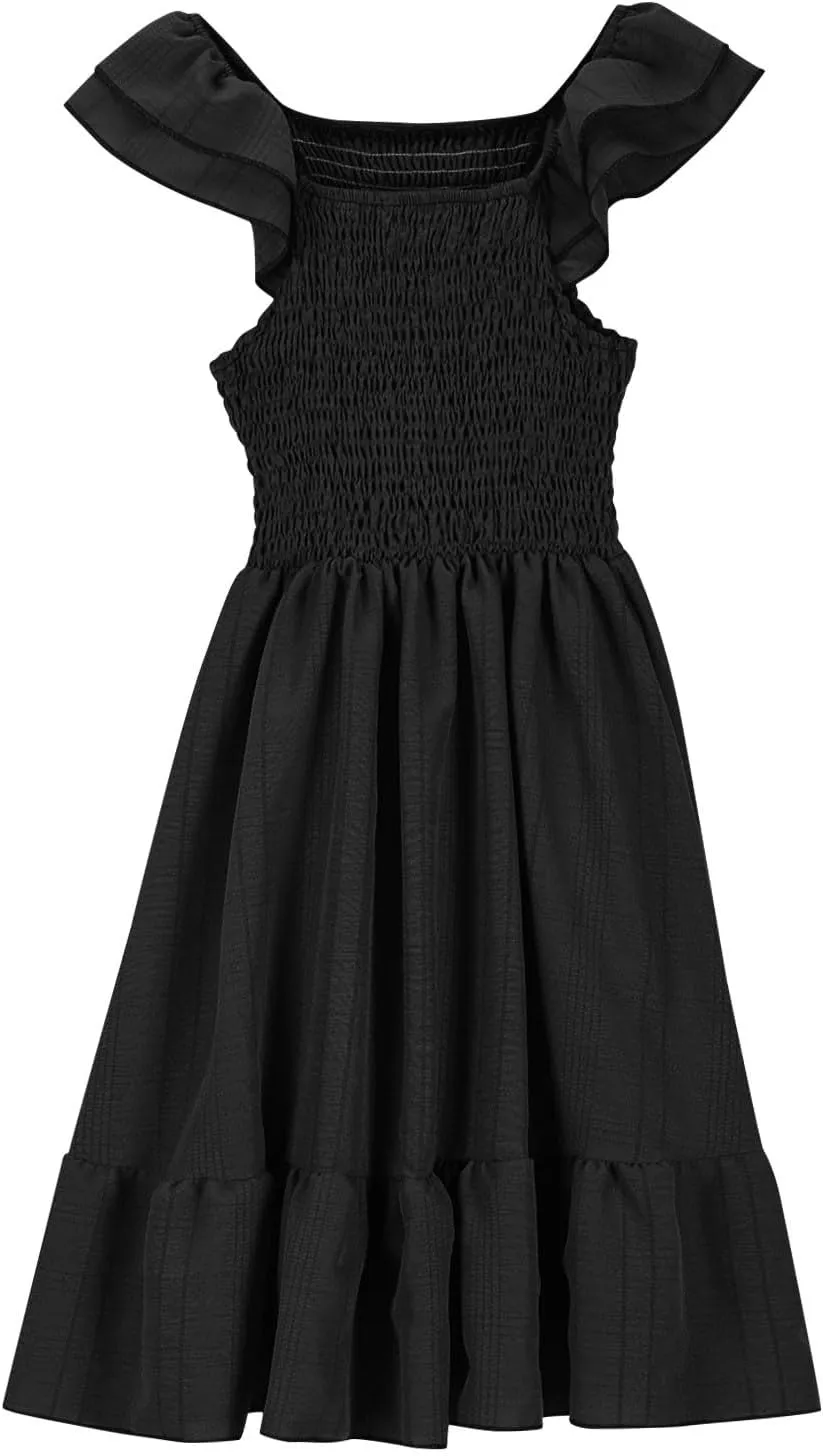 Summer Girl's Dresses Solid Square Neck Sleeveless Mini Dress Ruffle Waisted Fashion Loose Dress for Kids 3-13 Years