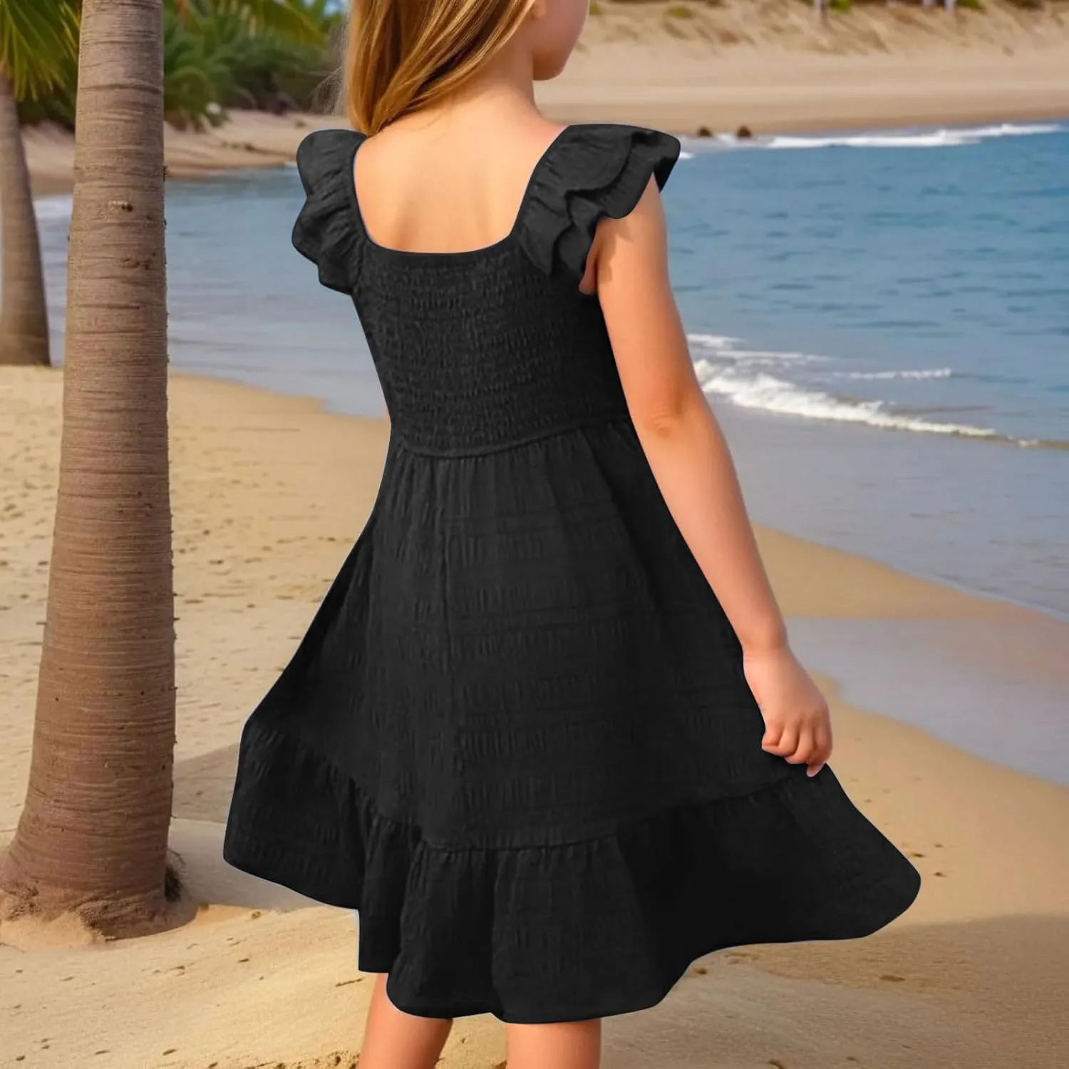 Summer Girl's Dresses Solid Square Neck Sleeveless Mini Dress Ruffle Waisted Fashion Loose Dress for Kids 3-13 Years