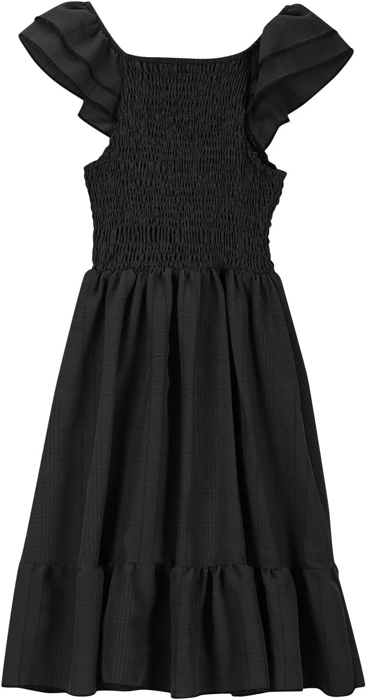 Summer Girl's Dresses Solid Square Neck Sleeveless Mini Dress Ruffle Waisted Fashion Loose Dress for Kids 3-13 Years
