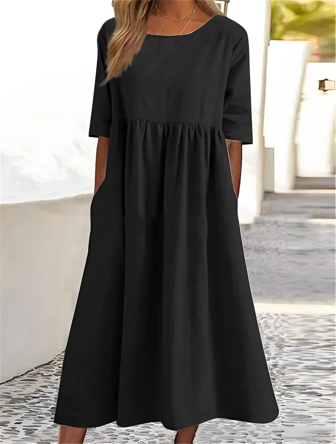 Summer Skirts for Women, Cotton Linen Half Sleeve Midi Dress Casual Boho Beach Vacation Long Tshirt Dress with Pockets