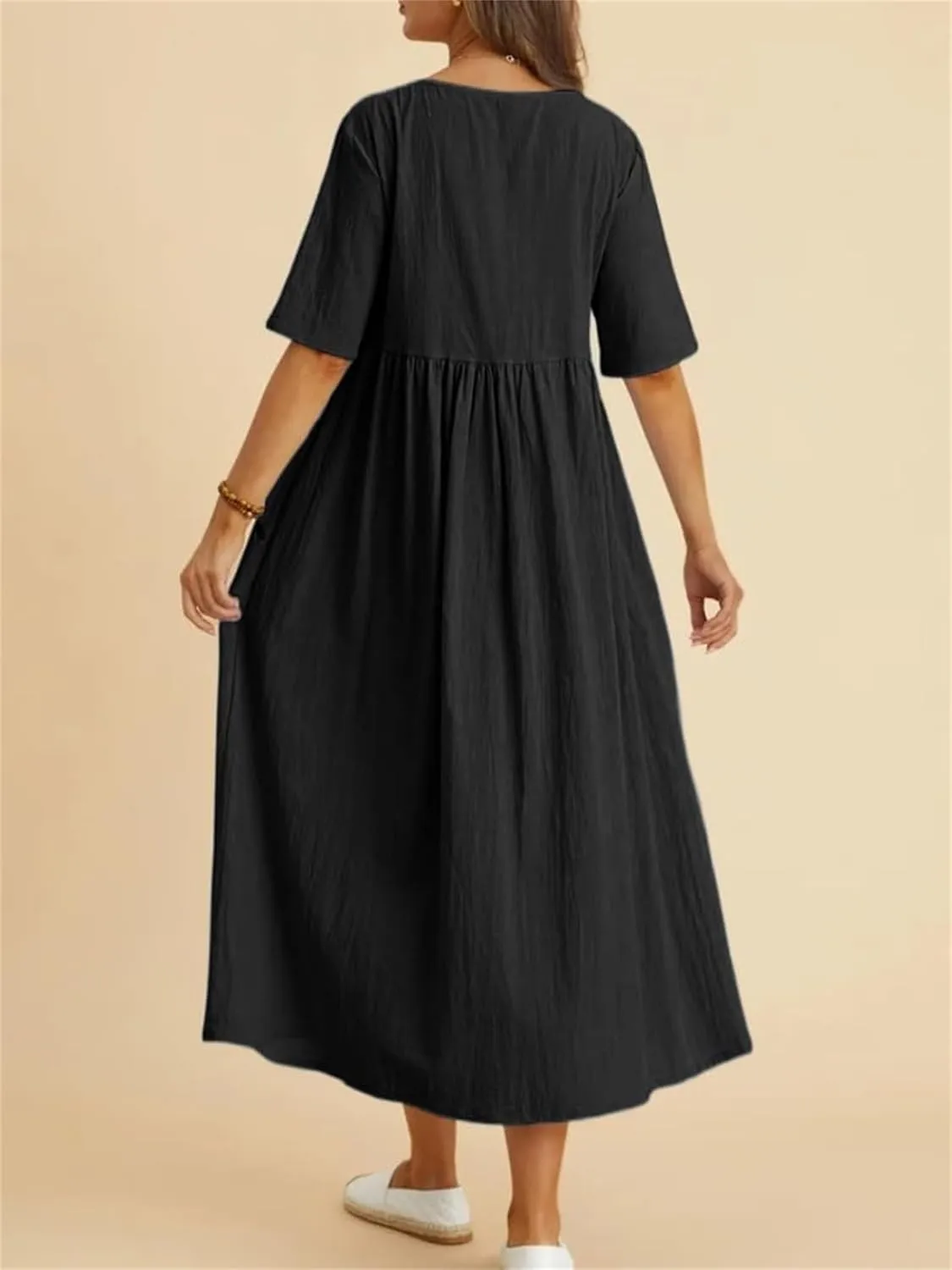 Summer Skirts for Women, Cotton Linen Half Sleeve Midi Dress Casual Boho Beach Vacation Long Tshirt Dress with Pockets