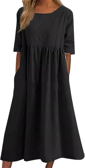 Summer Skirts for Women, Cotton Linen Half Sleeve Midi Dress Casual Boho Beach Vacation Long Tshirt Dress with Pockets