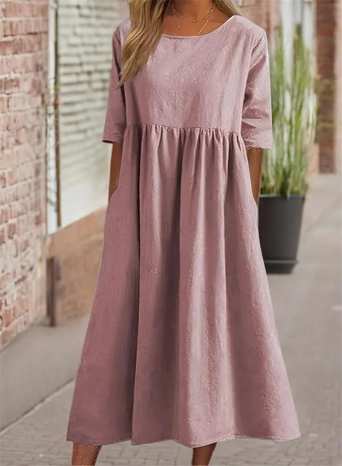 Summer Skirts for Women, Cotton Linen Half Sleeve Midi Dress Casual Boho Beach Vacation Long Tshirt Dress with Pockets
