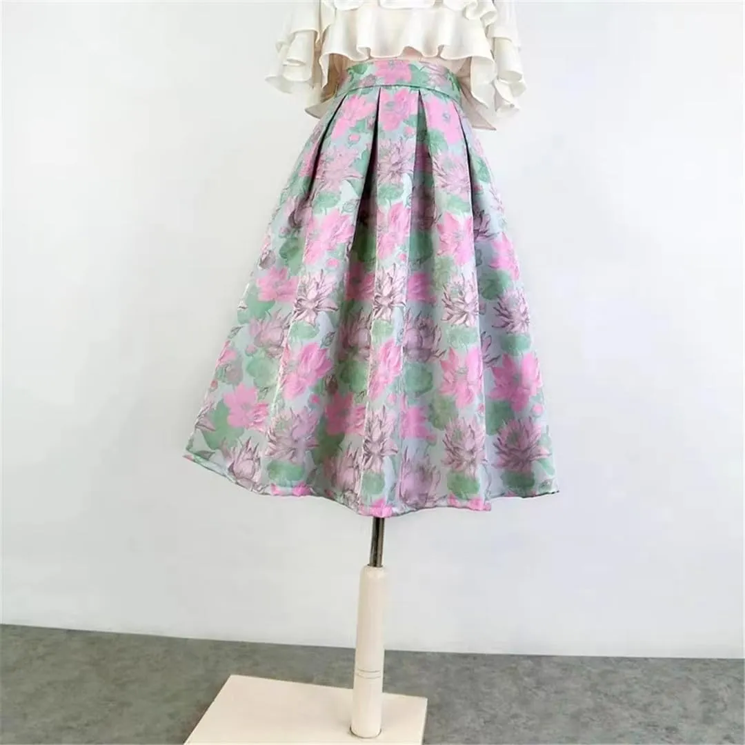 Summer Trendy Woman Vintage Social Elegant Blossom Embroidery High Waist Long Pleated Midi Skirt