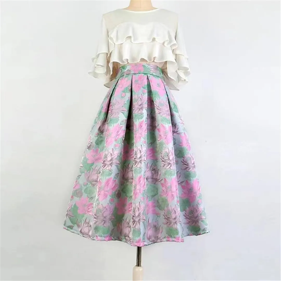Summer Trendy Woman Vintage Social Elegant Blossom Embroidery High Waist Long Pleated Midi Skirt