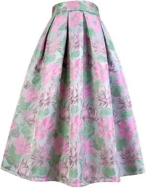 Summer Trendy Woman Vintage Social Elegant Blossom Embroidery High Waist Long Pleated Midi Skirt