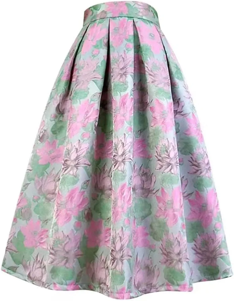 Summer Trendy Woman Vintage Social Elegant Blossom Embroidery High Waist Long Pleated Midi Skirt