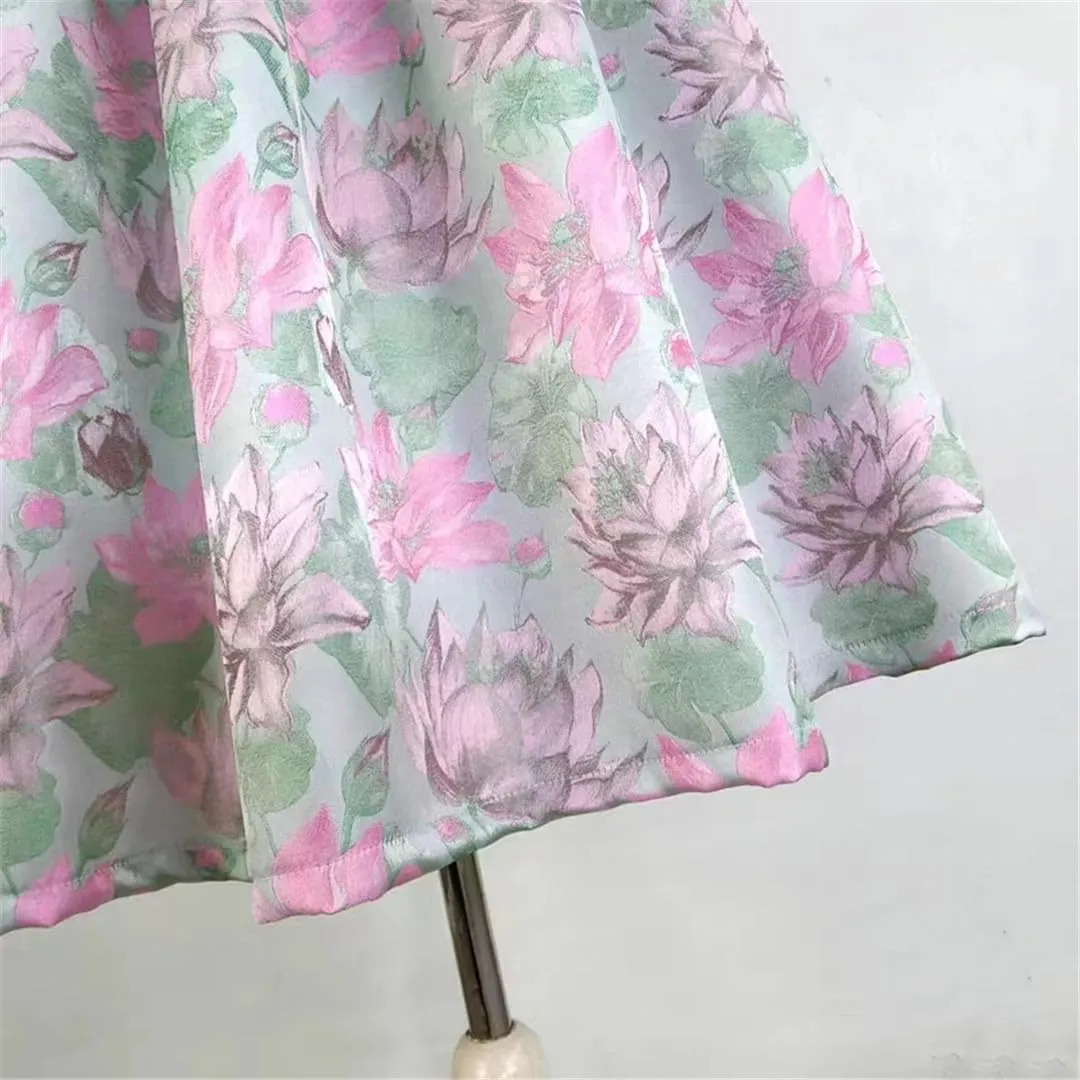 Summer Trendy Woman Vintage Social Elegant Blossom Embroidery High Waist Long Pleated Midi Skirt