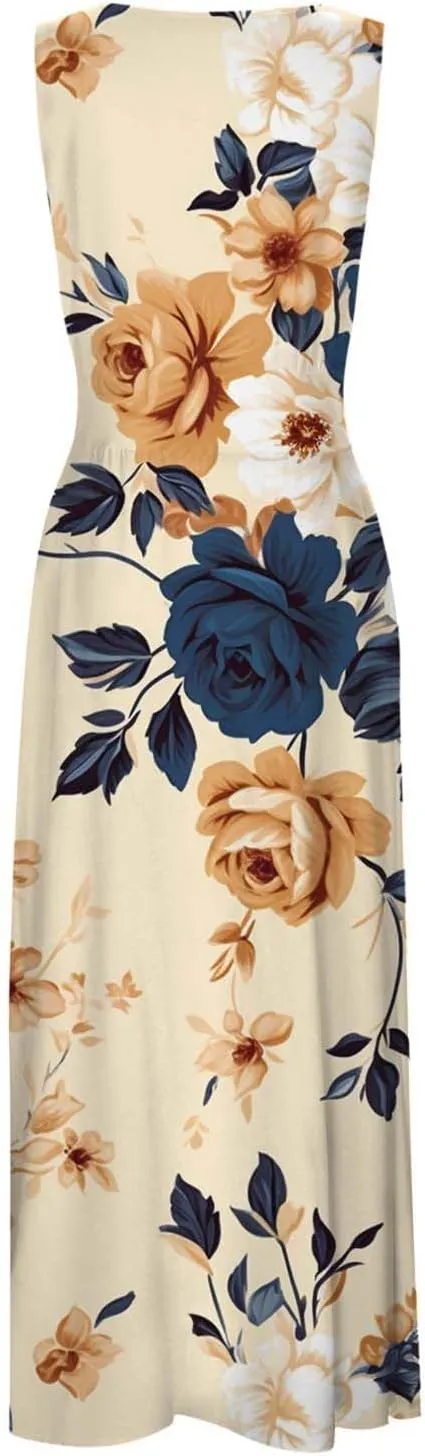 Sun Dresses for Women, Graphic Print Flowy Beach Dress, Spring Summer Casual Elegant Wrap V Neck Sleeveless Maxi Dresses
