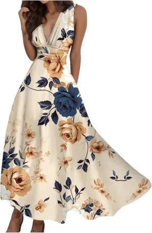 Sun Dresses for Women, Graphic Print Flowy Beach Dress, Spring Summer Casual Elegant Wrap V Neck Sleeveless Maxi Dresses