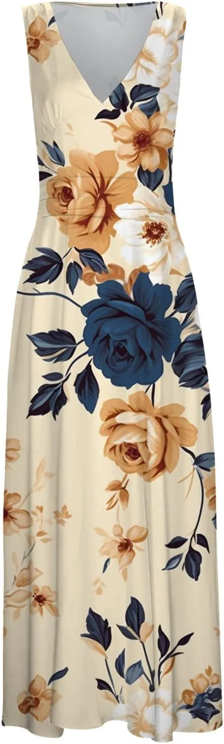 Sun Dresses for Women, Graphic Print Flowy Beach Dress, Spring Summer Casual Elegant Wrap V Neck Sleeveless Maxi Dresses