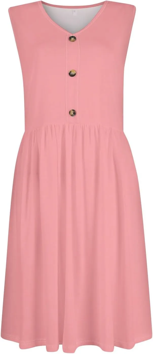 Sundresses for Women 2025 Casual Sleeveless Button V Neck Midi Dress Pleated Tank Dress with Pocket Summer Beach Outfits