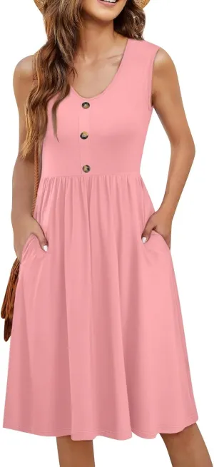 Sundresses for Women 2025 Casual Sleeveless Button V Neck Midi Dress Pleated Tank Dress with Pocket Summer Beach Outfits