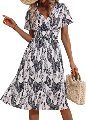 Superband Womens Summer Short Sleeve Casual Dresses V Neck Floral Vacation Sundress Faux Wrap Midi Dress