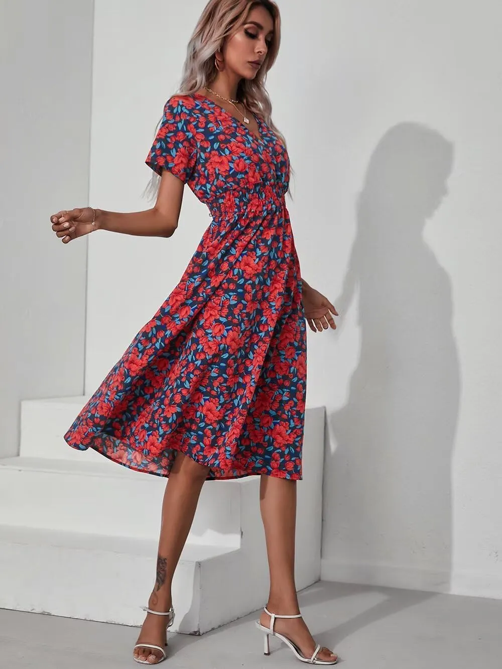 Superband Womens Summer Short Sleeve Casual Dresses V Neck Floral Vacation Sundress Faux Wrap Midi Dress