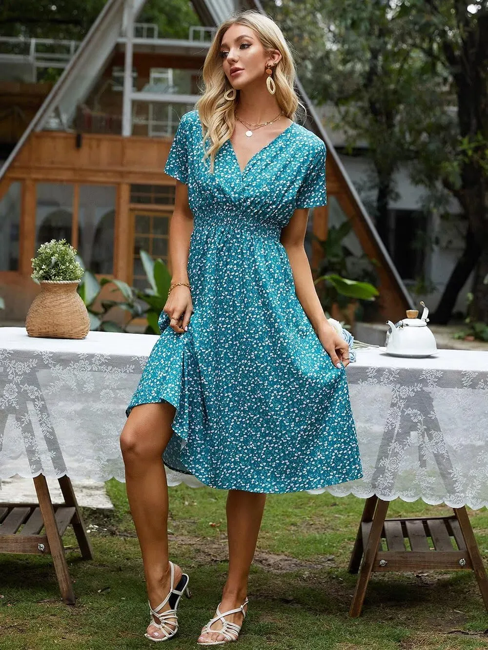Superband Womens Summer Short Sleeve Casual Dresses V Neck Floral Vacation Sundress Faux Wrap Midi Dress