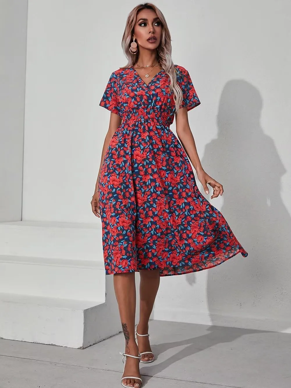 Superband Womens Summer Short Sleeve Casual Dresses V Neck Floral Vacation Sundress Faux Wrap Midi Dress