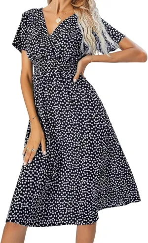 Superband Womens Summer Short Sleeve Casual Dresses V Neck Floral Vacation Sundress Faux Wrap Midi Dress