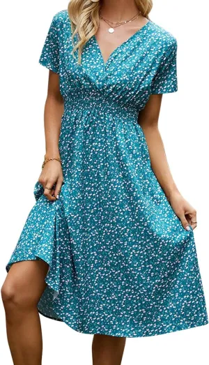 Superband Womens Summer Short Sleeve Casual Dresses V Neck Floral Vacation Sundress Faux Wrap Midi Dress