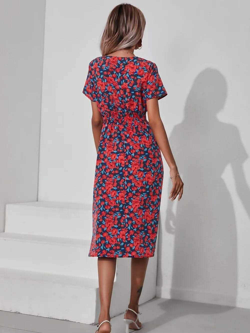 Superband Womens Summer Short Sleeve Casual Dresses V Neck Floral Vacation Sundress Faux Wrap Midi Dress