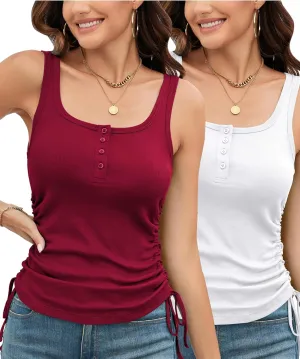 TAIPOVE Sleeveless Tank Top for Women Button Down Ribbed Yoga Shirts Side Ruched Drawstring Undershirts