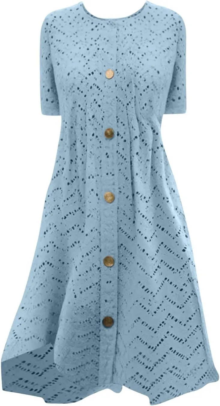 TANGNADE Womens Summer Crewneck Short Sleeve Midi Dress Eyelet Button Pleated A Line Casual Flowy Dresses Sundress