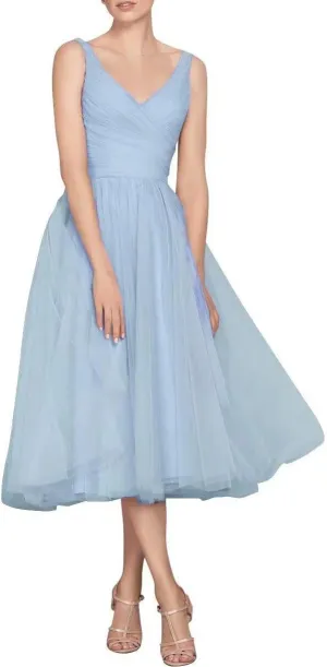 Tea Length A-Line V Neck Formal Evening Party Gowns for Women Sleeveless Puffy Midi Tulle Cocktail Prom Dress