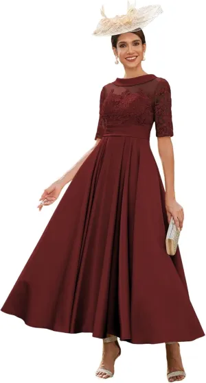 TIRAS Mother of The Bride Dresses for Wedding Satin Lace Appliqued Short Sleeves Evening Gowns CM271