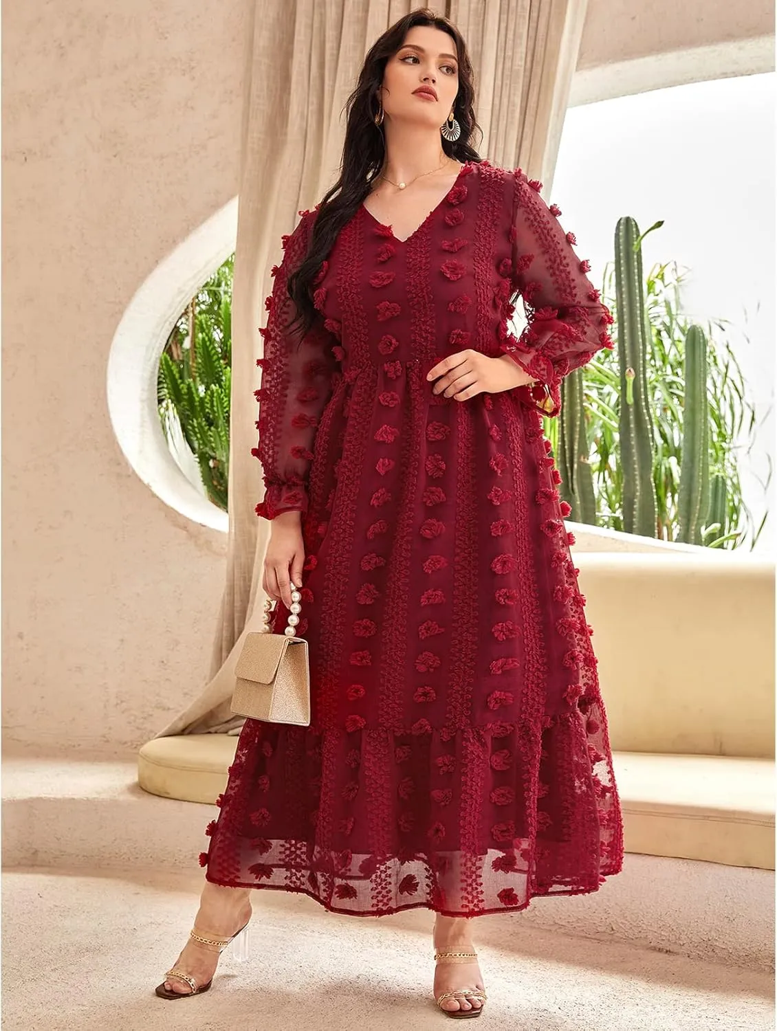 TOLEEN Women's Plus Size Embroidery Knitting Dress Long Sleeve Business Casual Maxi Dresses
