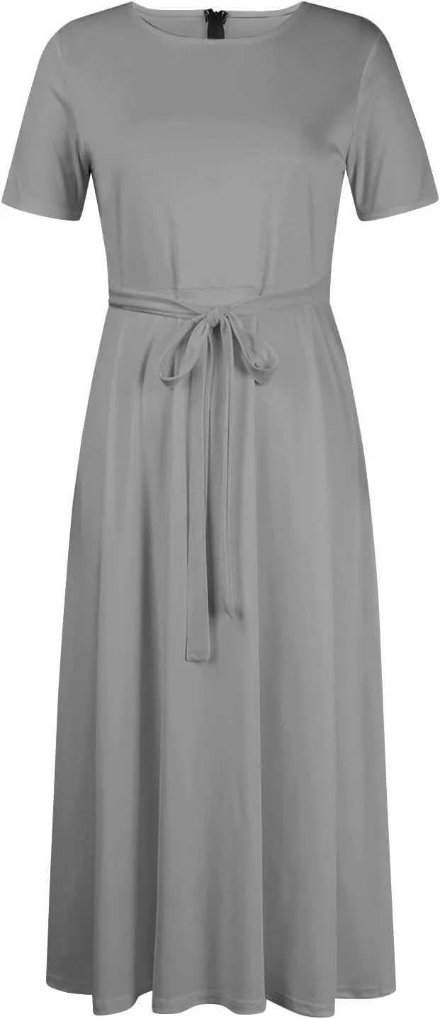 Trendy Short Sleeve Maxi Dress Casual Plus Size Crewneck Long Dress Elegant Formal A Line Smocked Flowy Party Dress