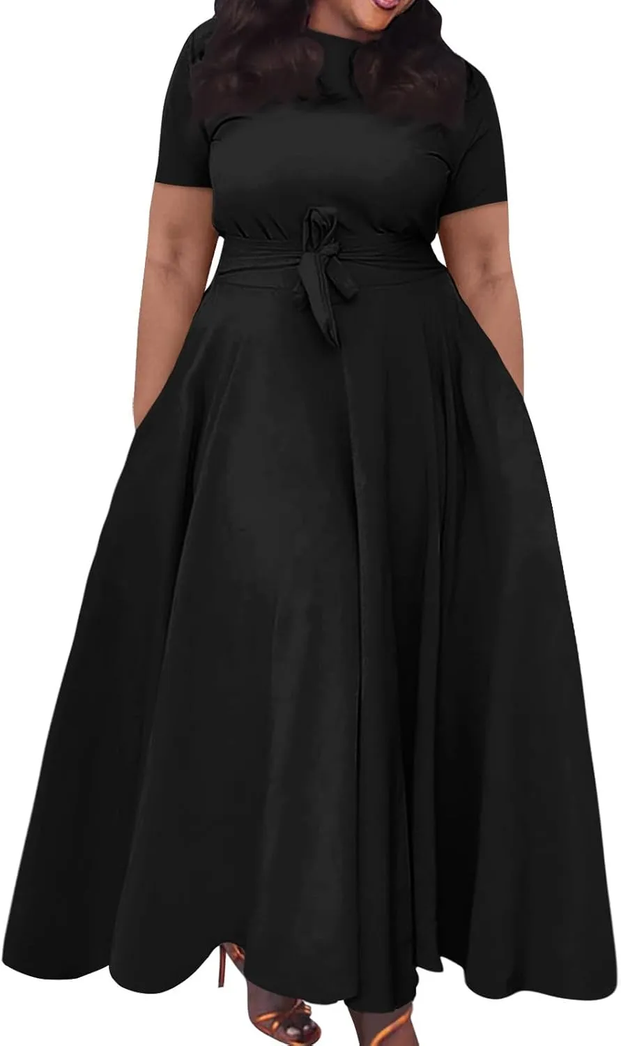 Trendy Short Sleeve Maxi Dress Casual Plus Size Crewneck Long Dress Elegant Formal A Line Smocked Flowy Party Dress