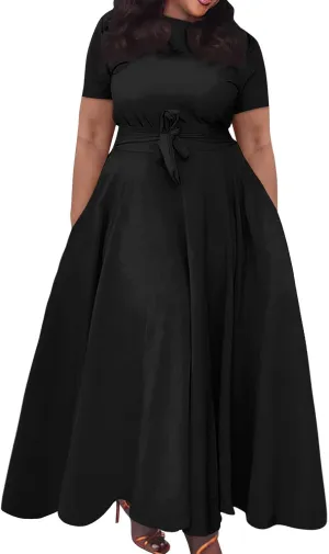 Trendy Short Sleeve Maxi Dress Casual Plus Size Crewneck Long Dress Elegant Formal A Line Smocked Flowy Party Dress