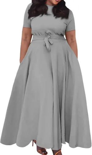 Trendy Short Sleeve Maxi Dress Casual Plus Size Crewneck Long Dress Elegant Formal A Line Smocked Flowy Party Dress