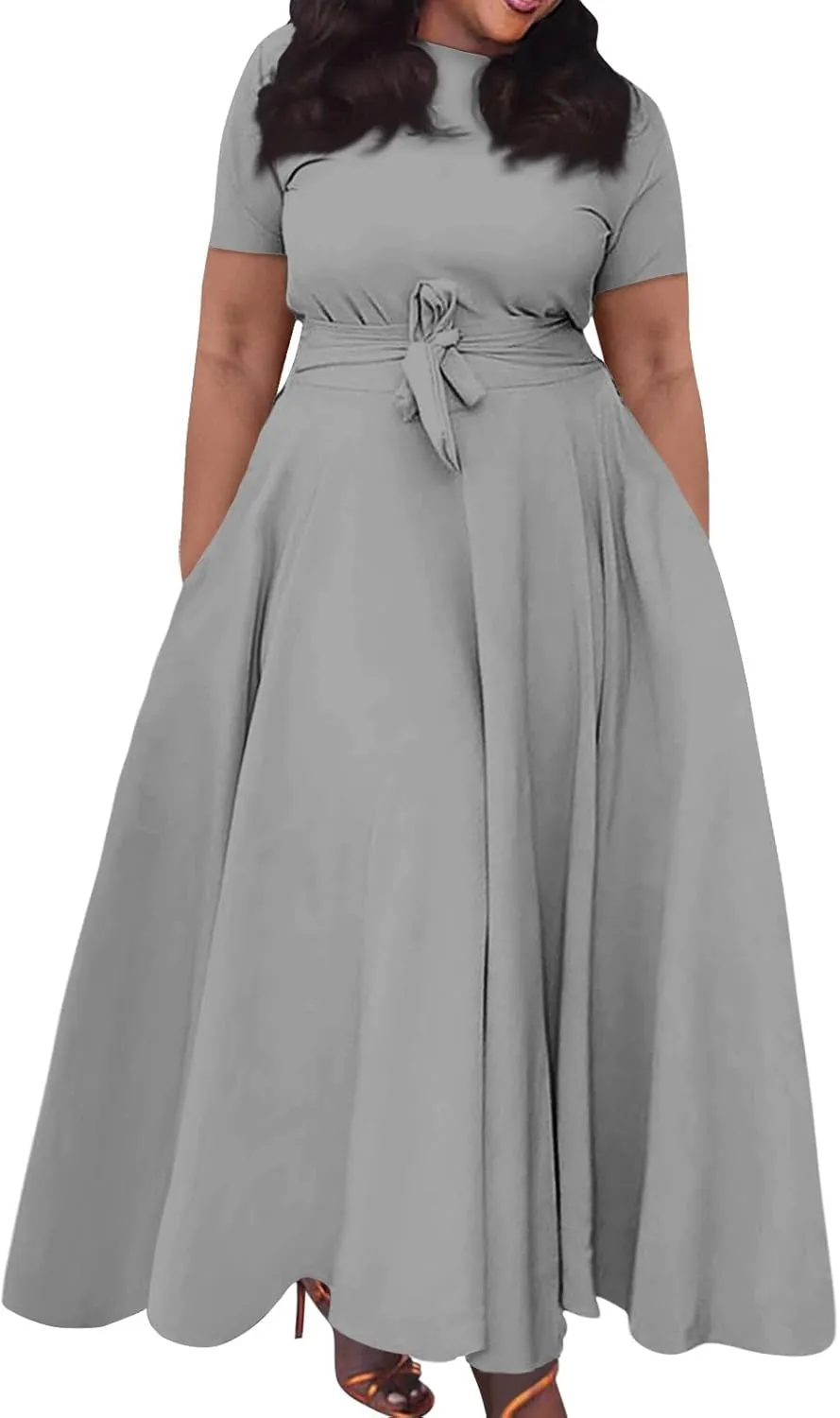 Trendy Short Sleeve Maxi Dress Casual Plus Size Crewneck Long Dress Elegant Formal A Line Smocked Flowy Party Dress