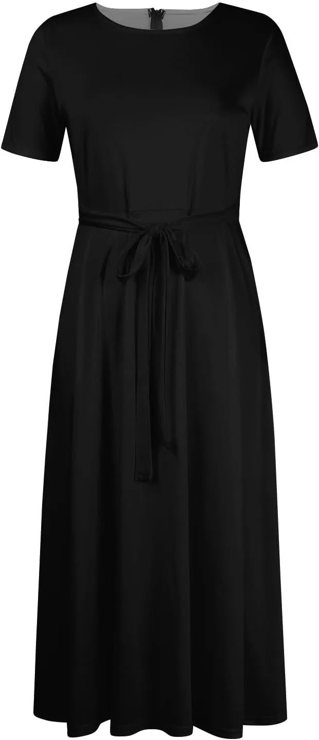 Trendy Short Sleeve Maxi Dress Casual Plus Size Crewneck Long Dress Elegant Formal A Line Smocked Flowy Party Dress