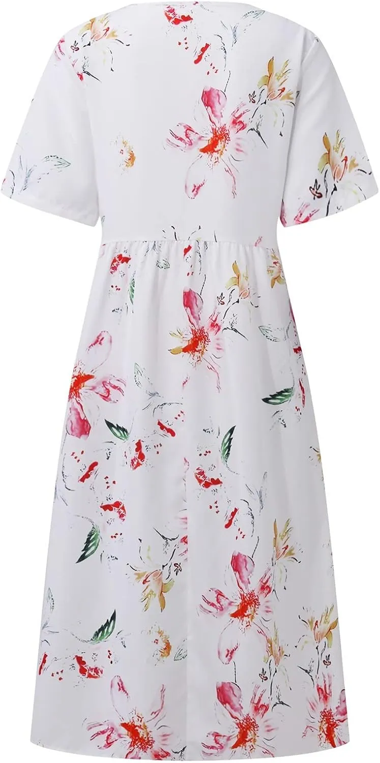 Tshirt Dress for Women 2025 Beach Cotton Linen Floral Printed Dresses with Pockets Casual Flowy Long Dress