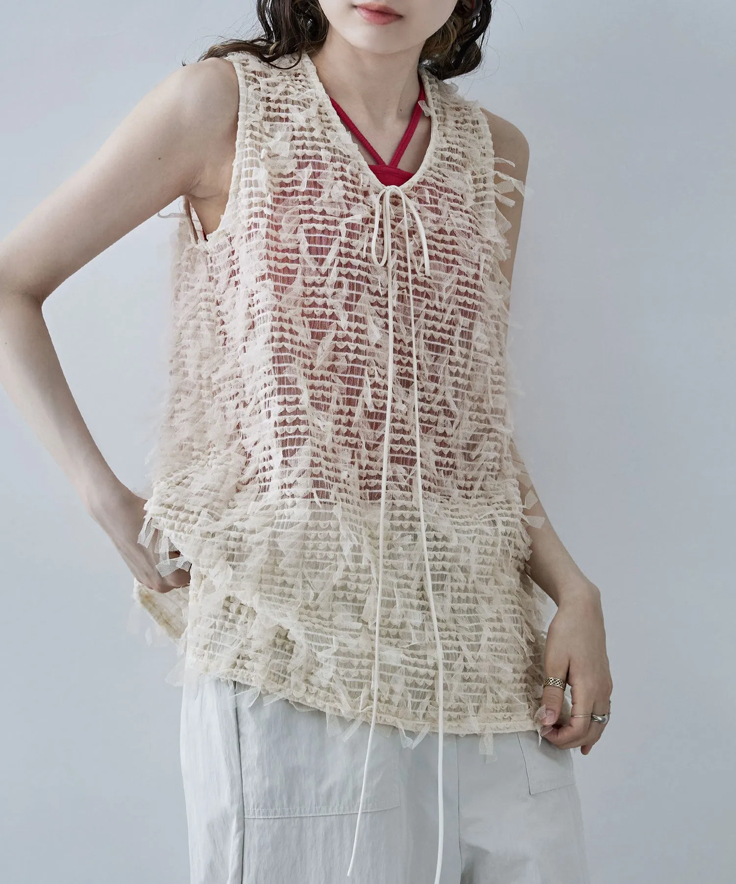 Tulle fringe sleeveless tops
