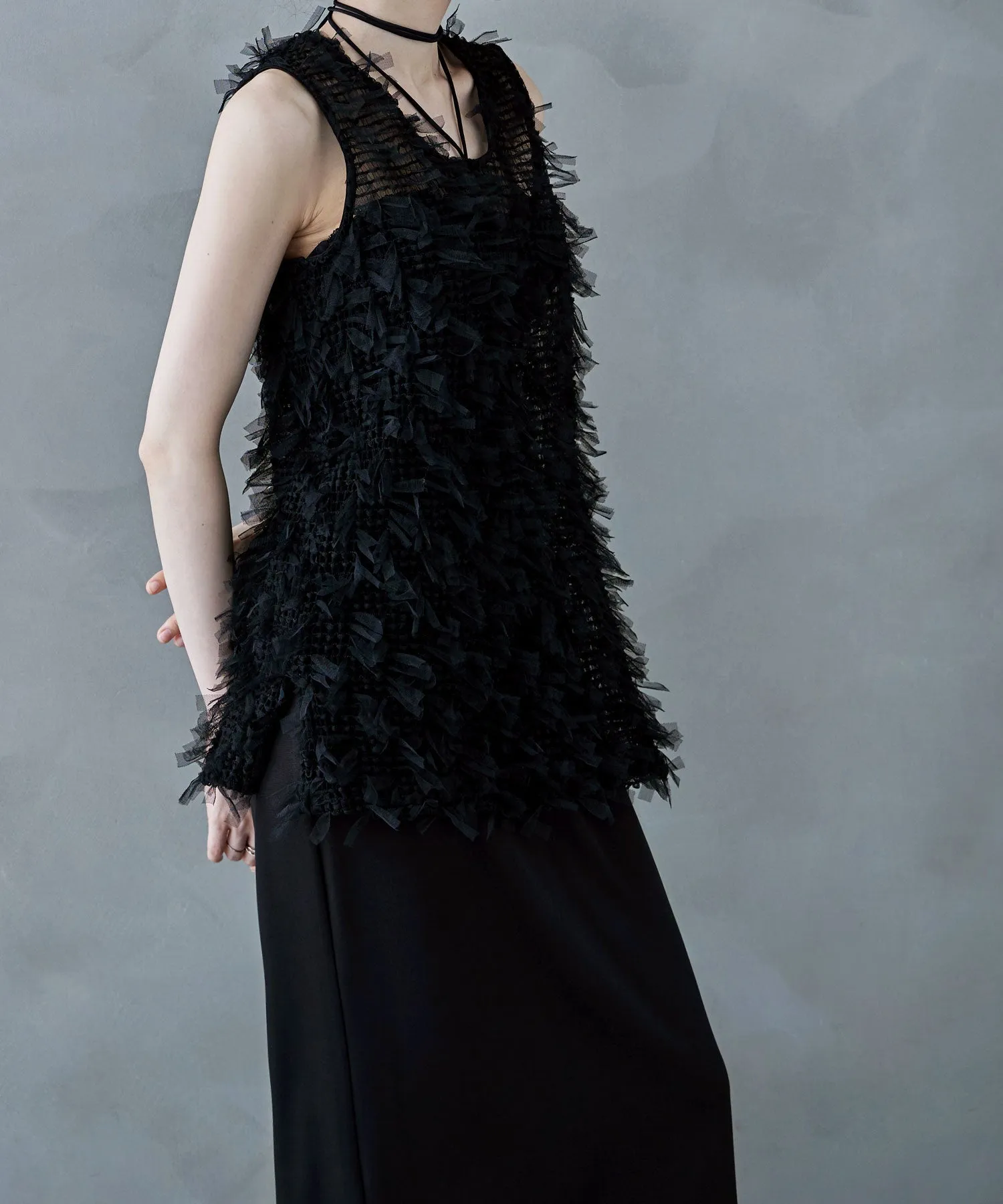 Tulle fringe sleeveless tops