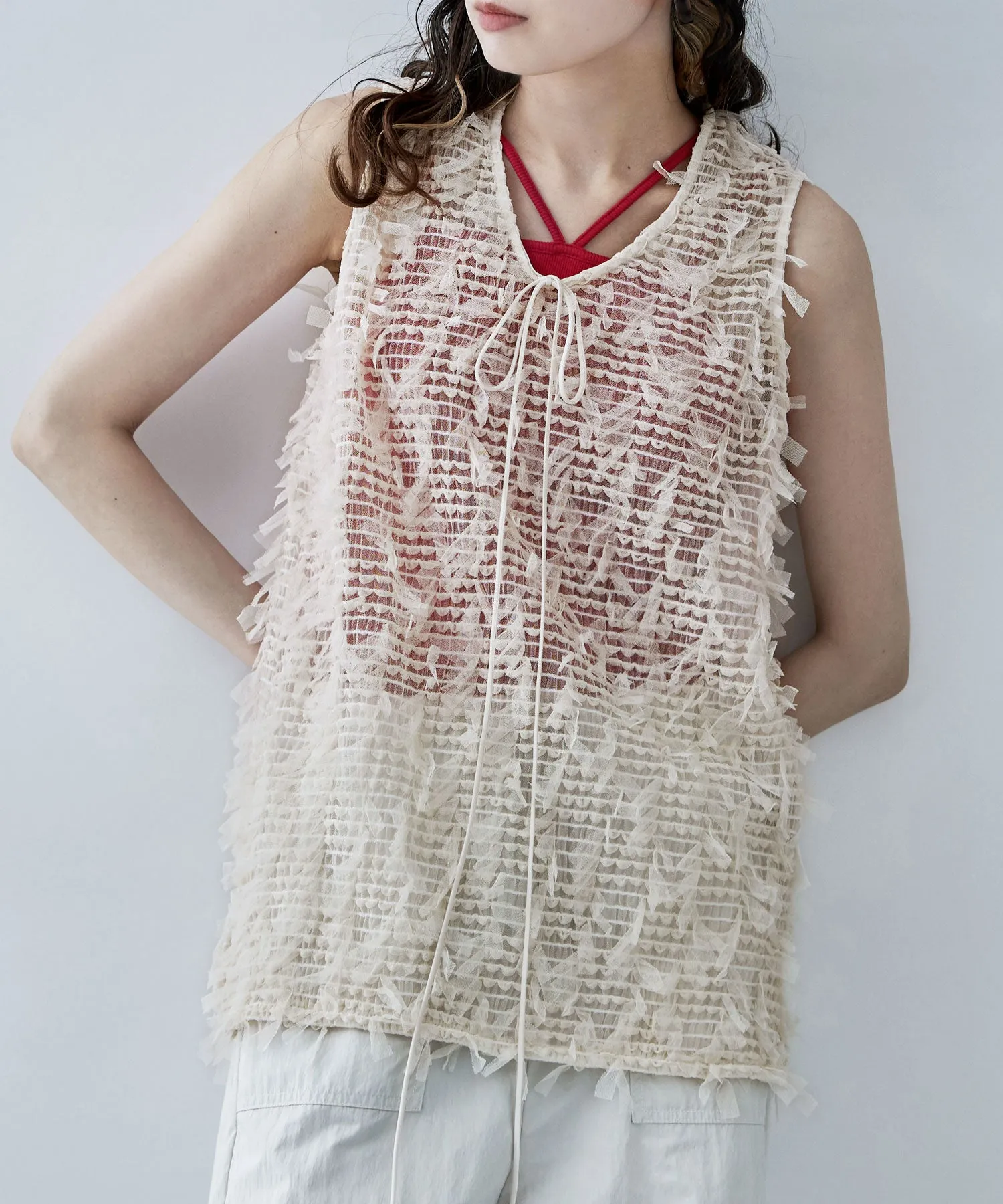 Tulle fringe sleeveless tops