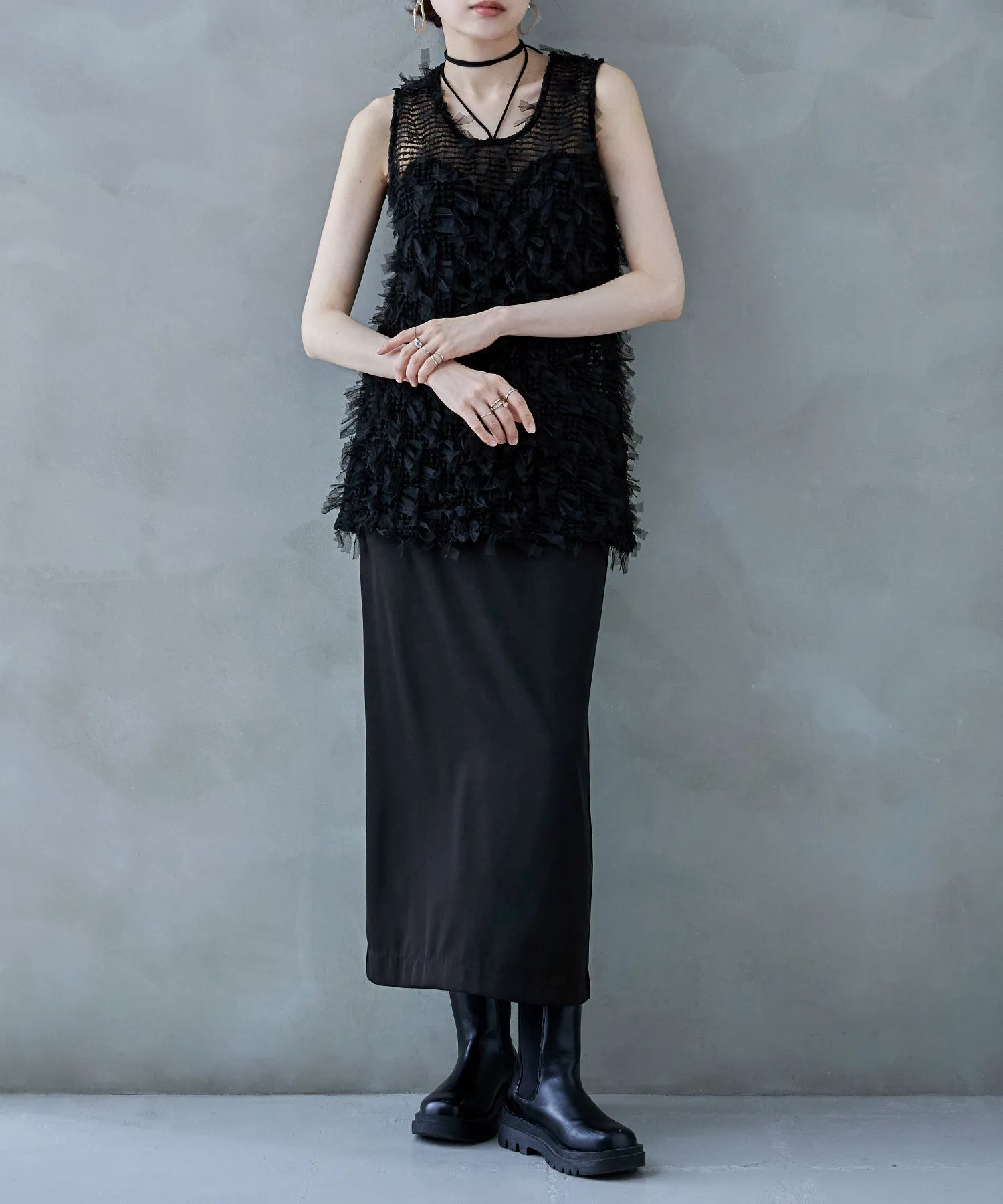 Tulle fringe sleeveless tops
