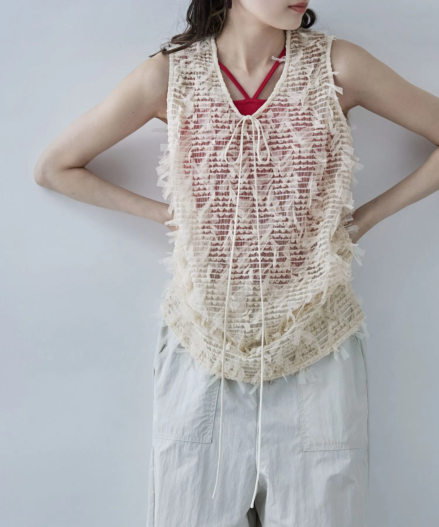 Tulle fringe sleeveless tops