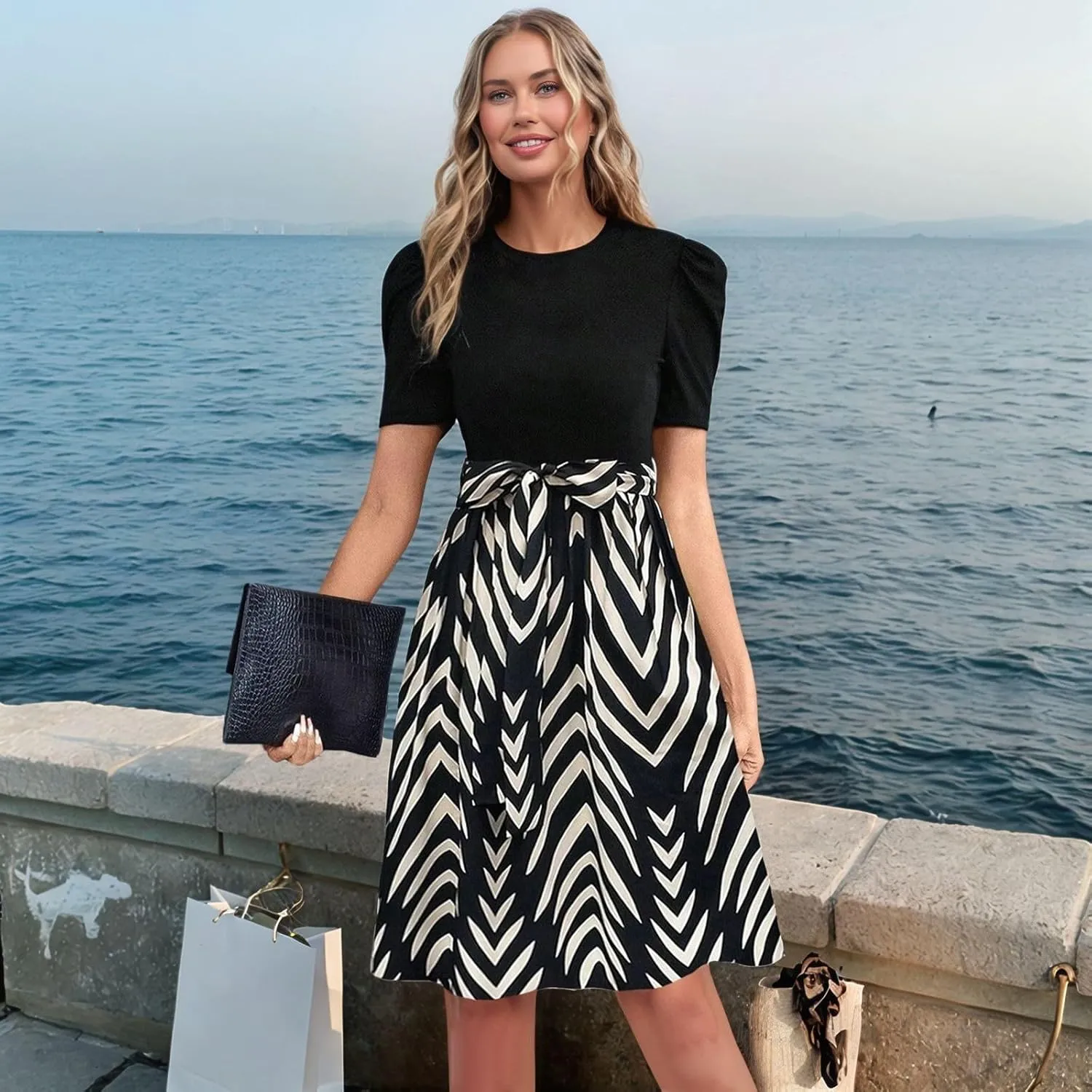 TWGONE Summer Dresses for Women Short Sleeve Casual Midi Dress Floral Print Flowy Church Wedding Guest Dresses with Belt