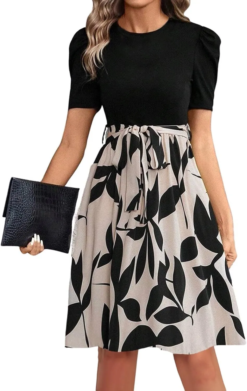 TWGONE Summer Dresses for Women Short Sleeve Casual Midi Dress Floral Print Flowy Church Wedding Guest Dresses with Belt