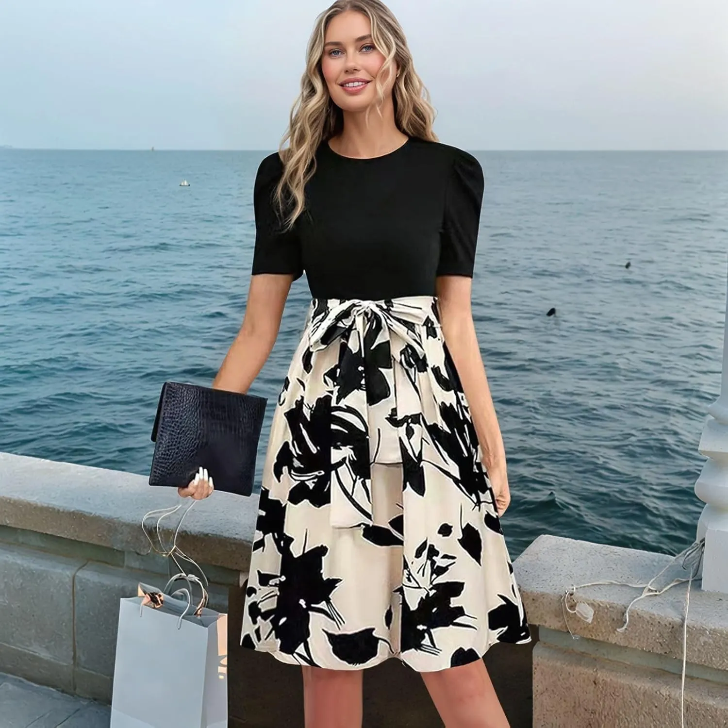 TWGONE Summer Dresses for Women Short Sleeve Casual Midi Dress Floral Print Flowy Church Wedding Guest Dresses with Belt