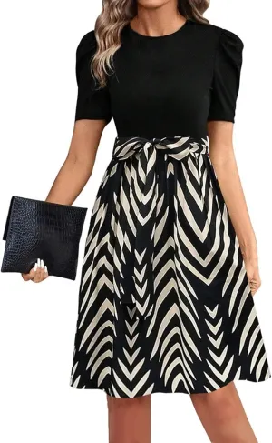 TWGONE Summer Dresses for Women Short Sleeve Casual Midi Dress Floral Print Flowy Church Wedding Guest Dresses with Belt