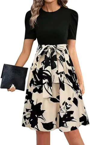 TWGONE Summer Dresses for Women Short Sleeve Casual Midi Dress Floral Print Flowy Church Wedding Guest Dresses with Belt